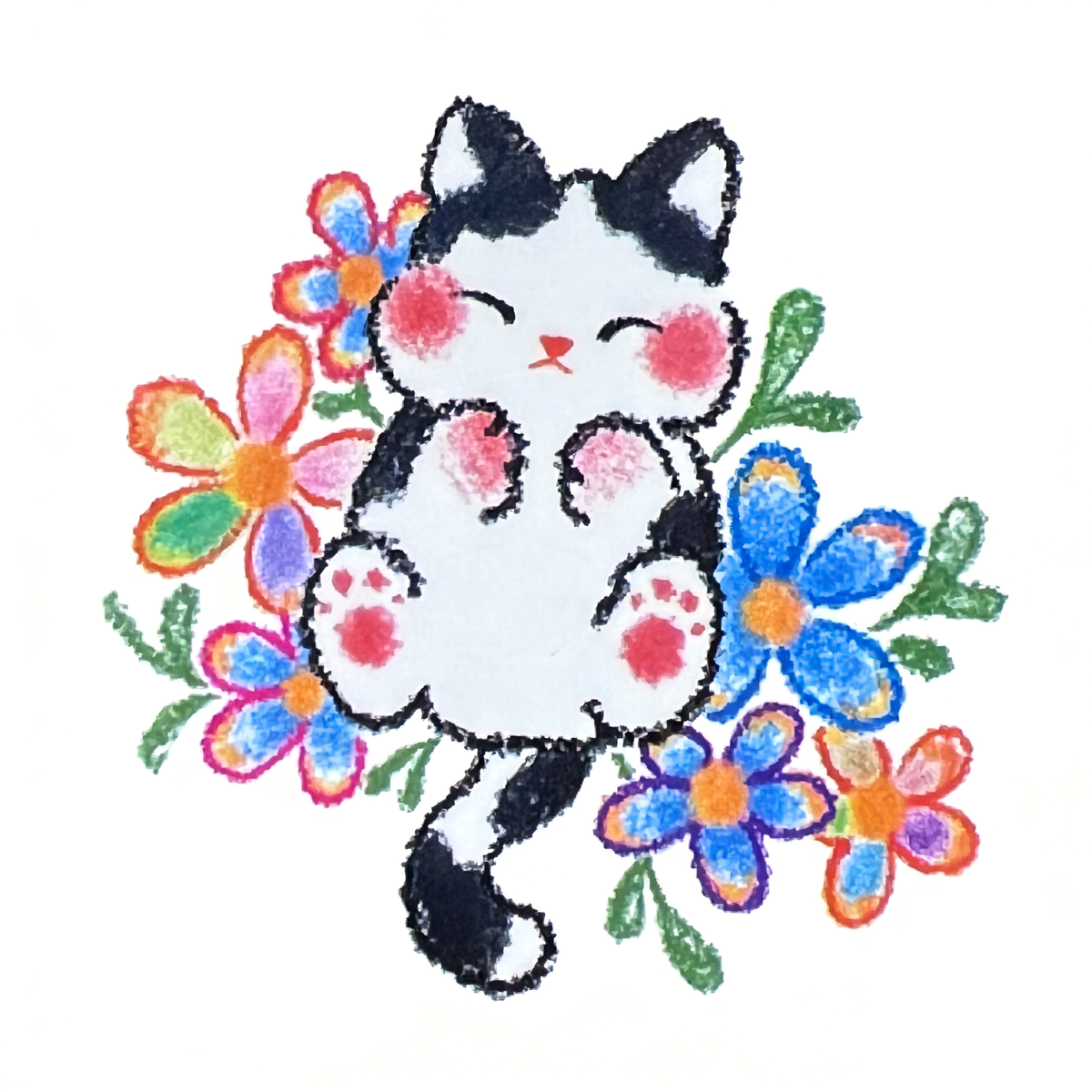 Crayon Style Floral Kitten